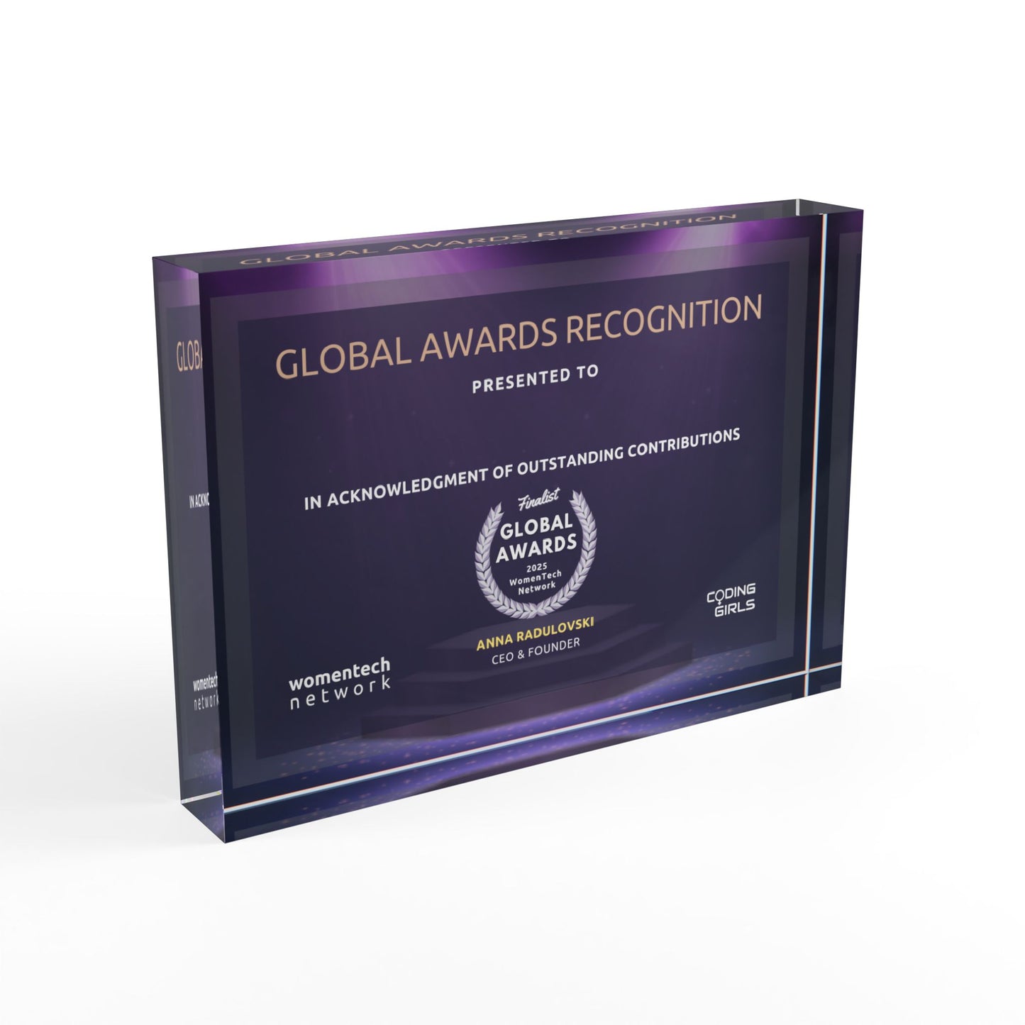 Finalist WomenTech Global Awards Recognition Block Acrylic Desktop Plaque – Personalized Certificate Display