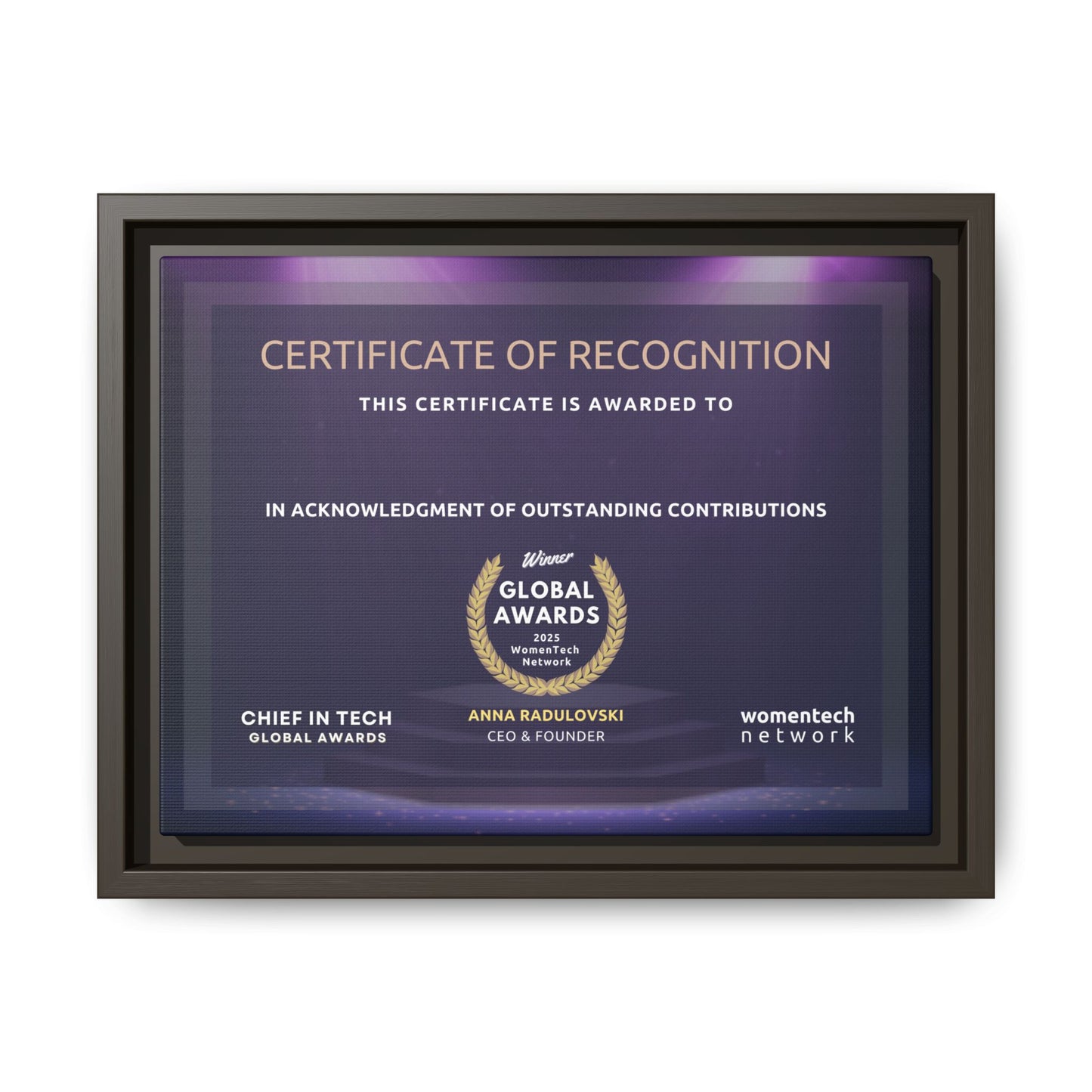Winner Printing Licence & Exclusive Chief in Tech Global Awards Certificate - Matte Canvas, Pinewood Framed (Multi-color)