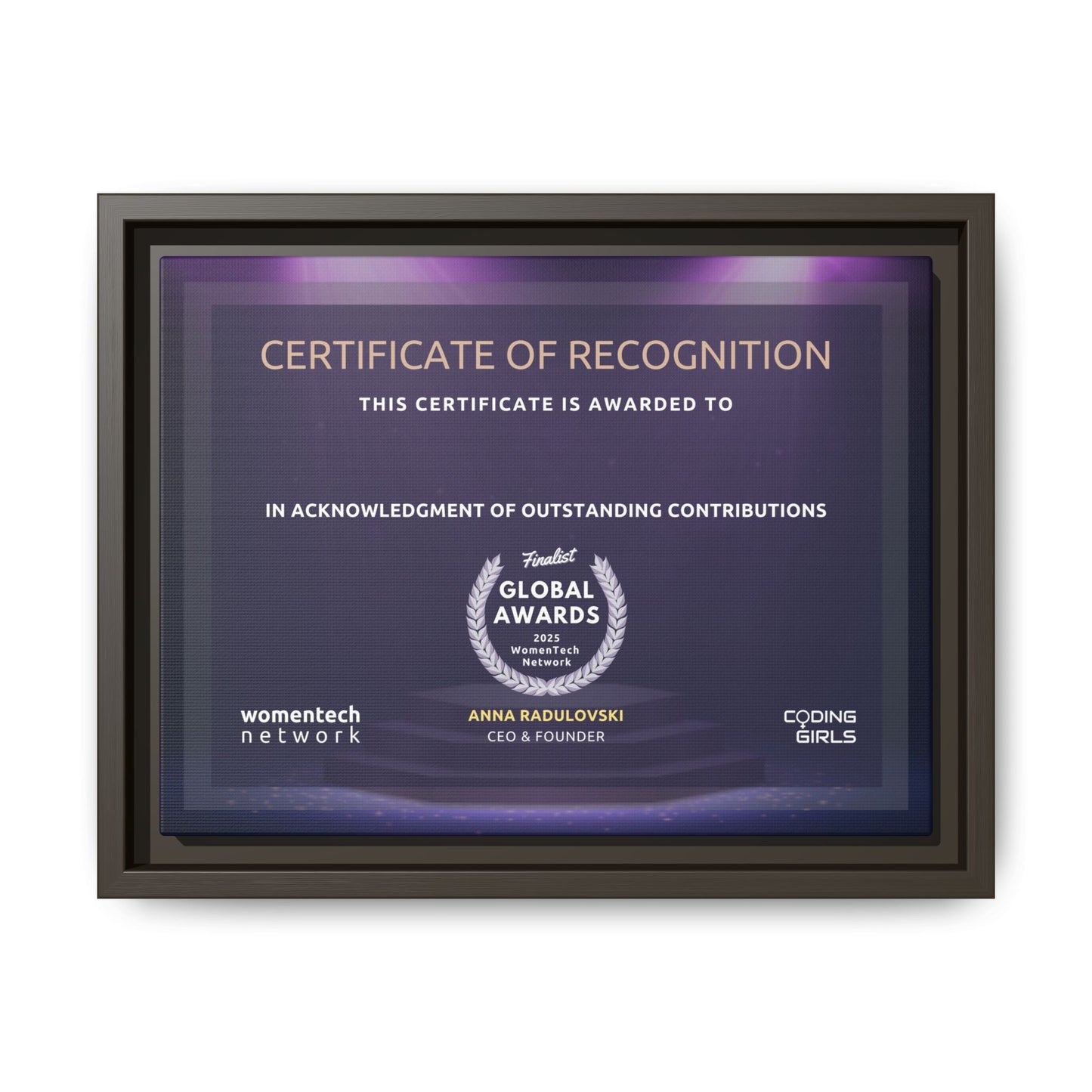 Finalist Printing Licence & Exclusive WomenTech Global Awards Certificate - Matte Canvas, Pinewood Framed (Multi-color)