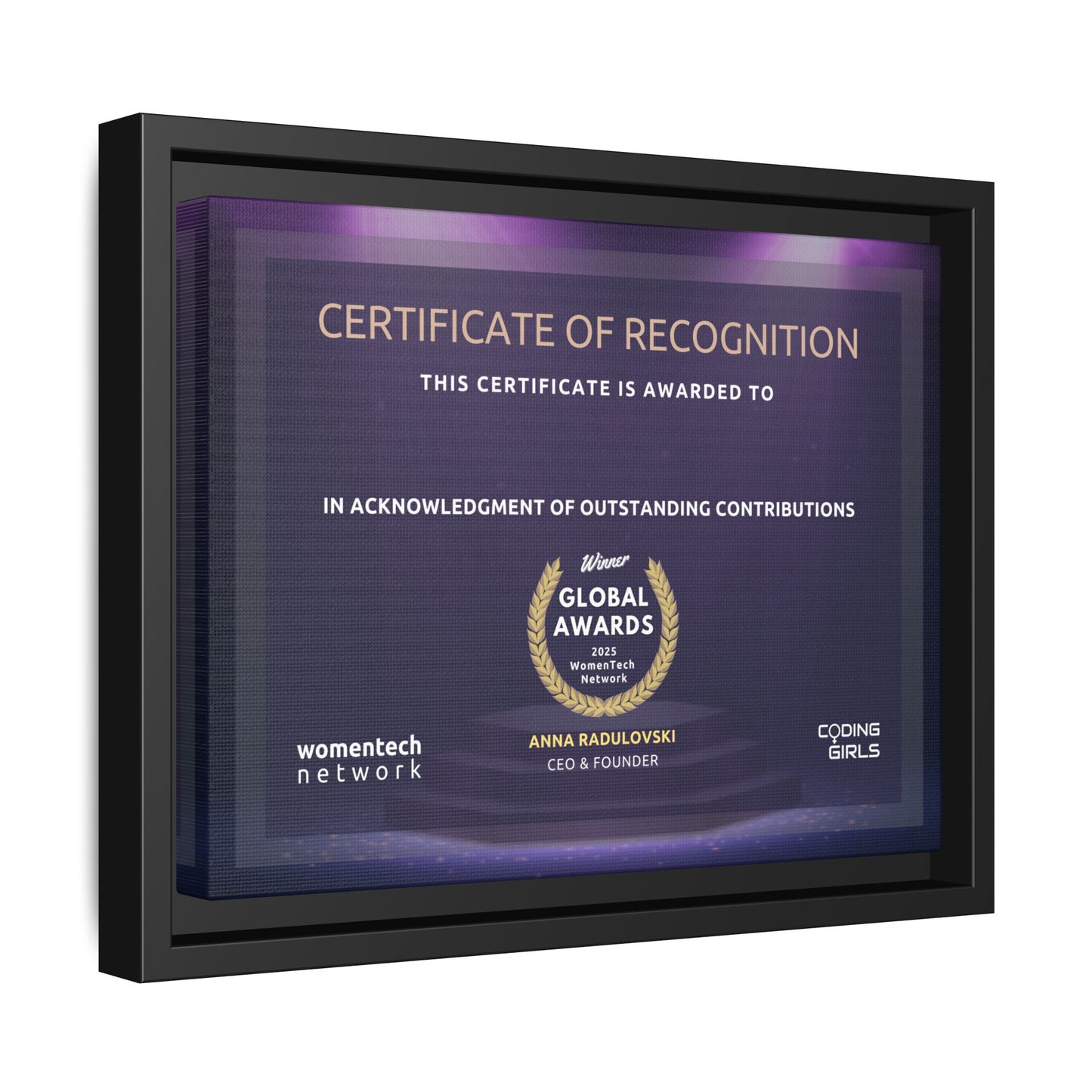 Winner Printing Licence & Exclusive WomenTech Global Awards Certificate - Matte Canvas, Pinewood Framed (Multi-color)