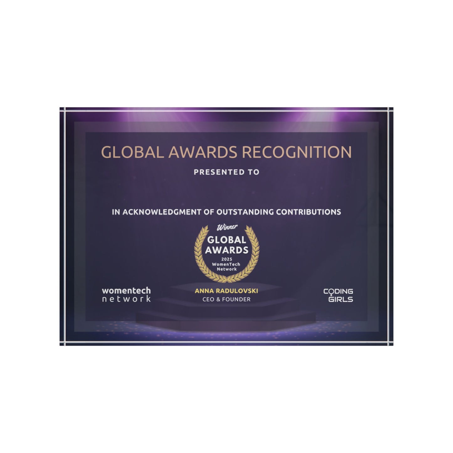 Winner WomenTech Global Awards Recognition Block Acrylic Desktop Plaque – Personalized Certificate Display