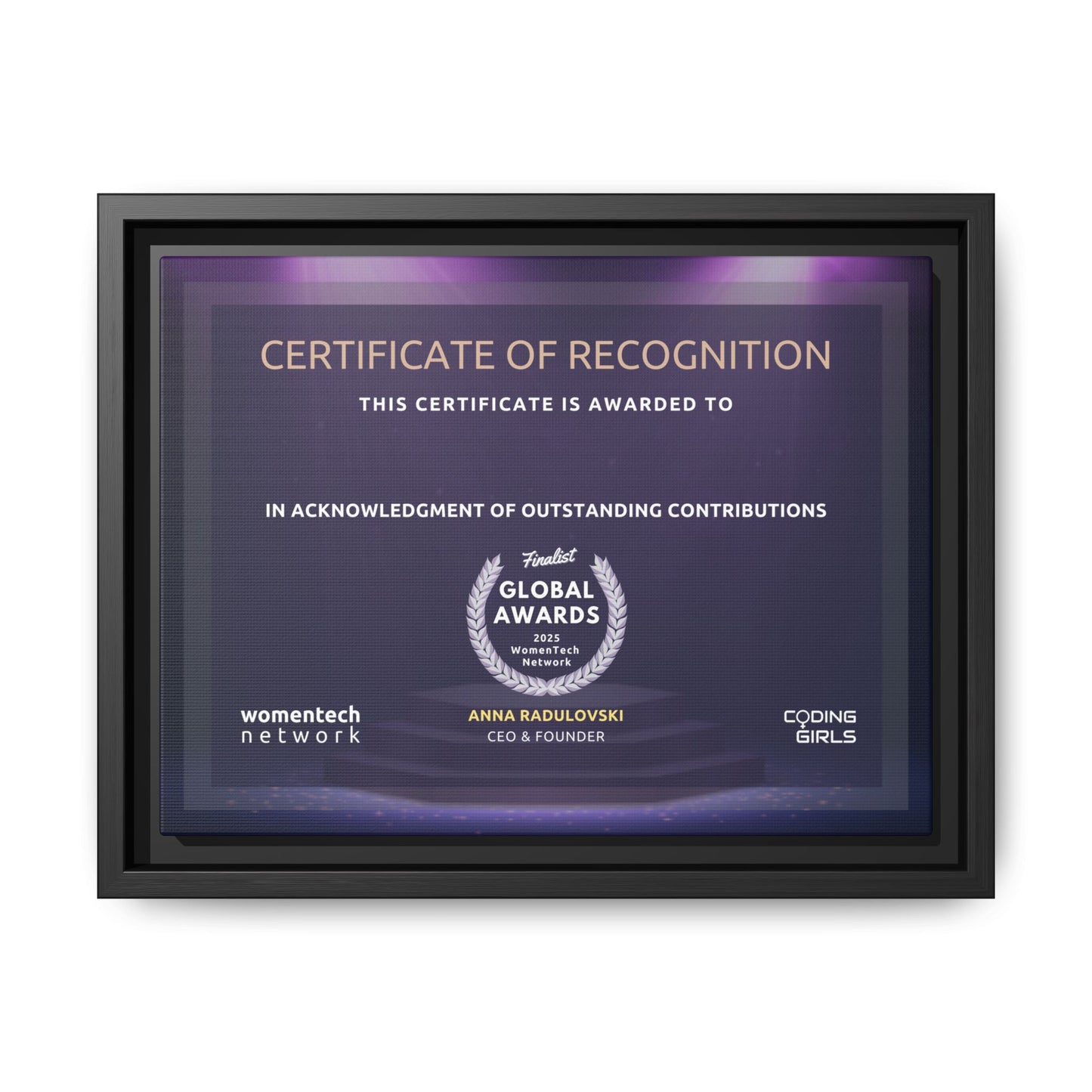 Finalist Printing Licence & Exclusive WomenTech Global Awards Certificate - Matte Canvas, Pinewood Framed (Multi-color)