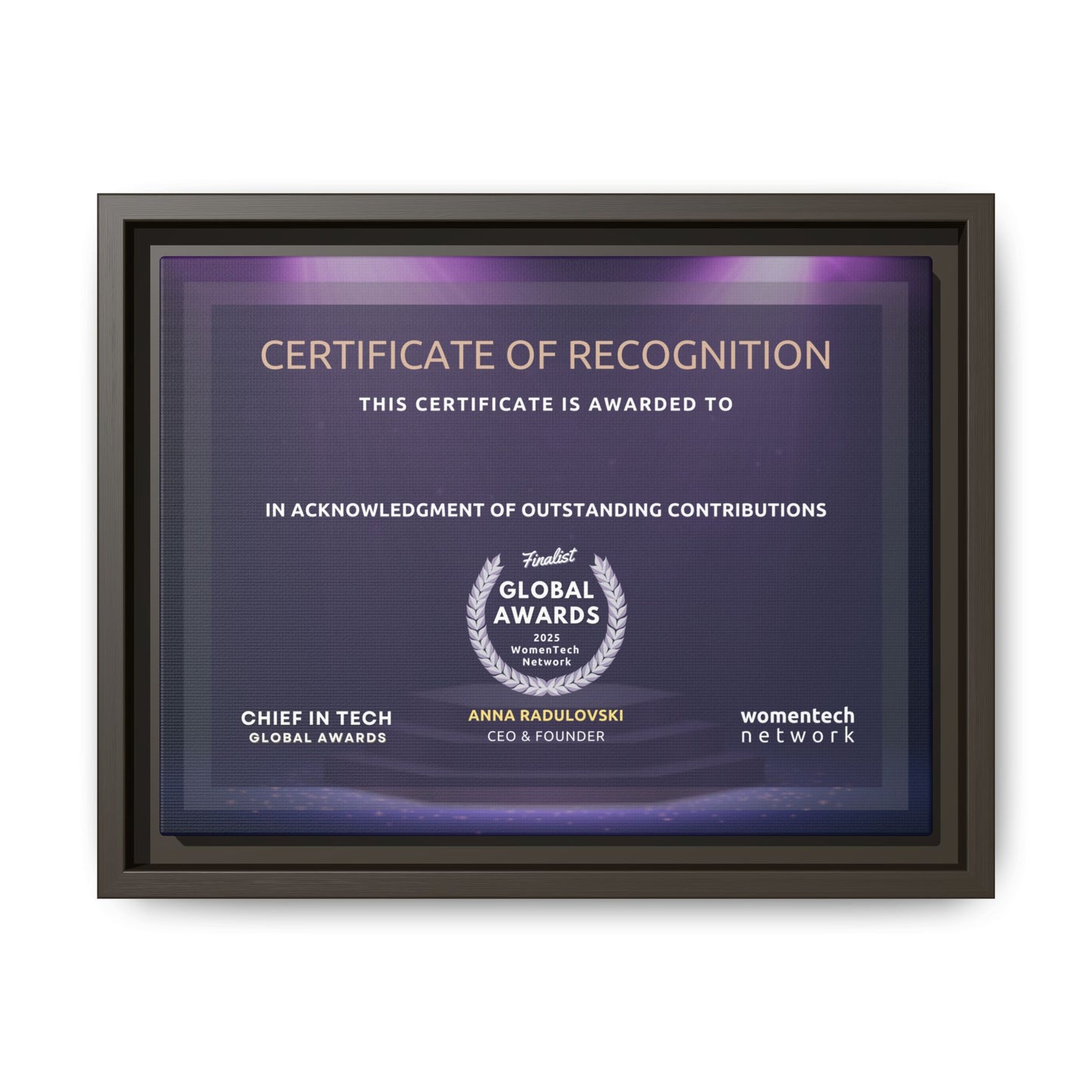 Finalist Printing Licence & Exclusive Chief in Tech Global Awards Certificate - Matte Canvas, Pinewood Framed (Multi-color)