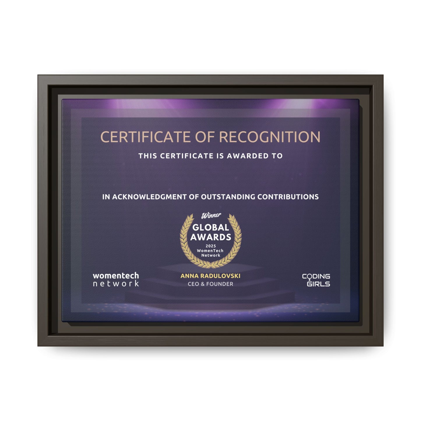 Winner Printing Licence & Exclusive WomenTech Global Awards Certificate - Matte Canvas, Pinewood Framed (Multi-color)