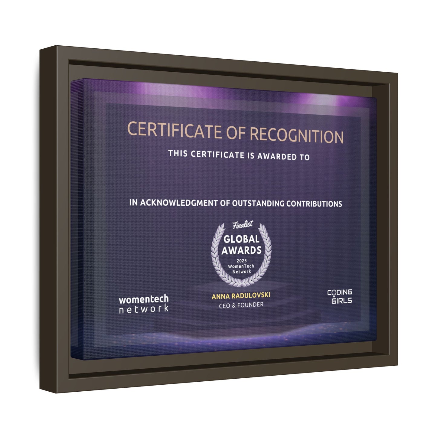 Finalist Printing Licence & Exclusive WomenTech Global Awards Certificate - Matte Canvas, Pinewood Framed (Multi-color)