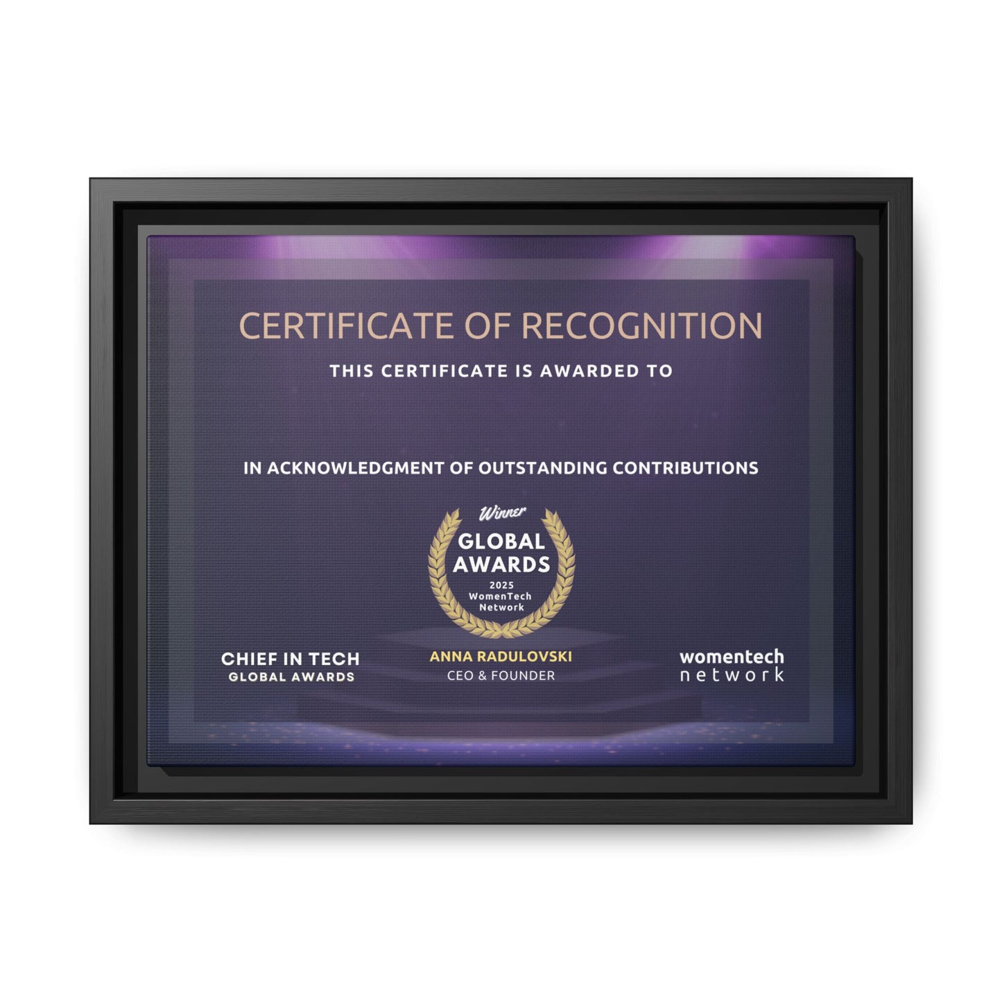 Winner Printing Licence & Exclusive Chief in Tech Global Awards Certificate - Matte Canvas, Pinewood Framed (Multi-color)