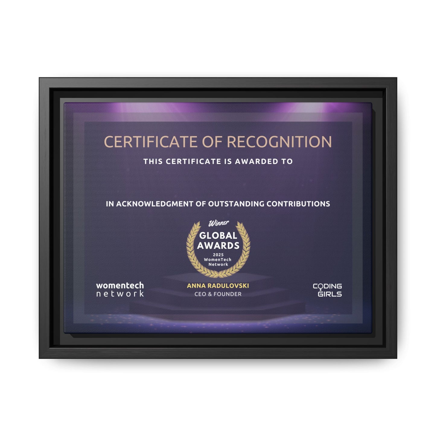 Winner Printing Licence & Exclusive WomenTech Global Awards Certificate - Matte Canvas, Pinewood Framed (Multi-color)