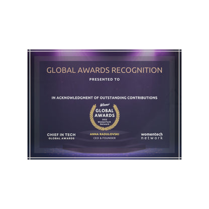 Winner Chief in Tech Global Awards Recognition Block Acrylic Desktop Plaque – Personalized Certificate Display